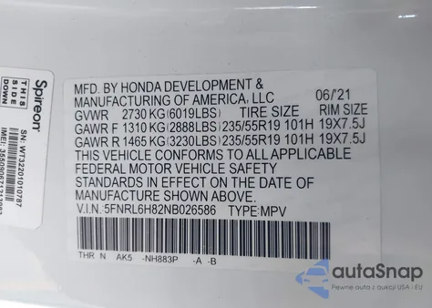2022 Honda Odyssey Touring from USA, damaged, VIN 5FNRL6H82NB026586